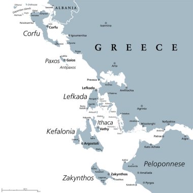 Yunanistan 'ın İyon Adaları Bölgesi, gri siyasi harita. İyon Denizi 'ndeki Yunan ada grubu. Korfu (Kerkyra), Paxos ve Antipaxos, Lefkada, Kefalonia (Cephalonia), Ithaca (Ithaki) ve Zakynthos (Zante).