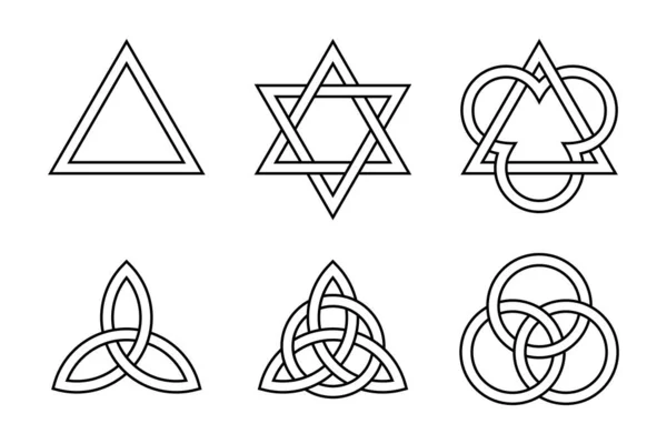 Sześć Symboli Trójcy Starożytne Symbole Chrześcijańskie Utworzone Przez Przeplatane Trójkąty — Wektor stockowy