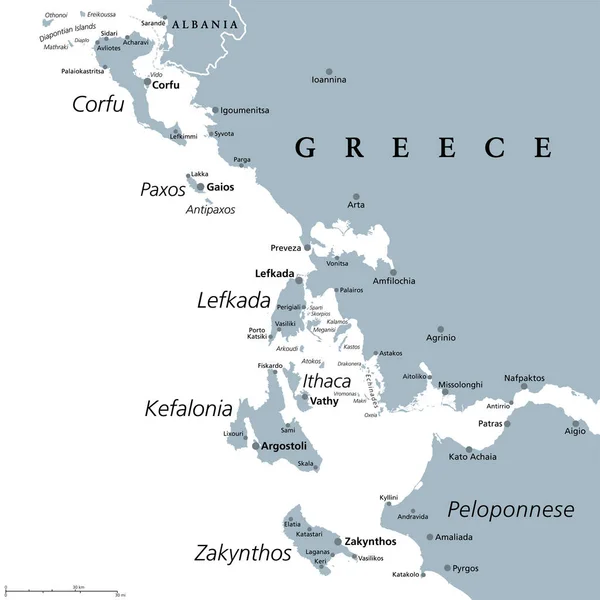 Іонічна Область Греції Сіра Політична Карта Грецька Острівна Група Іонічному — стоковий вектор