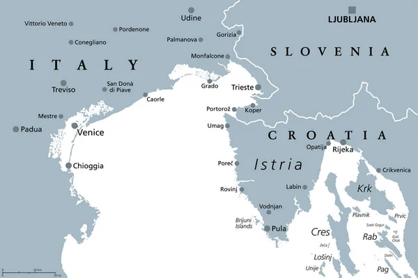 ヴェネツィア湾 灰色の政治地図 イタリアのポー デルタとヴェネチア ラグーン クロアチアのイストリア半島によって制限されたアドリア海北部の湾は スロベニアとも隣接している — ストックベクタ