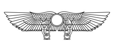 Teb 'in Kanatlı Güneşi. Güneş tanrılığının sembolü, Antik Mısır 'da kraliyet ve güç, her iki tarafında da bir uraeus, yükselen bir kobra. Genellikle Nibiru veya X gezegeninin antik temsili olarak adlandırılır..