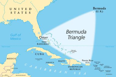 The Bermuda Triangle or Devils Triangle, political map. Region in the North Atlantic Ocean between Bermuda, Miami and Puerto Rico, where aircrafts and ships disappeared under mysterious circumstances. clipart