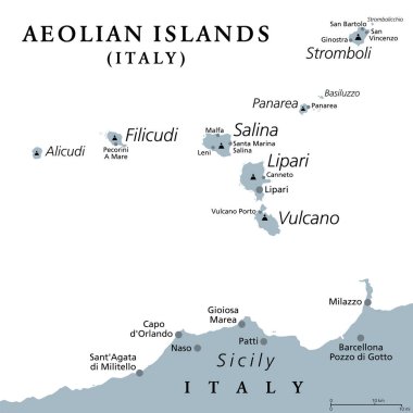 Aeolian Adaları, gri politik harita. İtalya, Sicilya 'nın kuzeyindeki Tyrhenian Denizi' nde volkanik takımadalar. Lipari Adaları olarak da bilinir. Lipari, Vulcano, Salina, Stromboli, Filicudi, Alicudi ve Panarea.