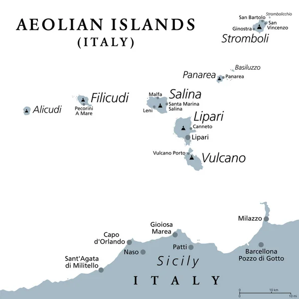 爱奥丽亚群岛灰色政治地图意大利西西里北部第尔仁尼亚海的火山群岛 也被称为Lipari群岛 Lipari Vulcano Salina Stromboli Filicudi Panarea — 图库矢量图片