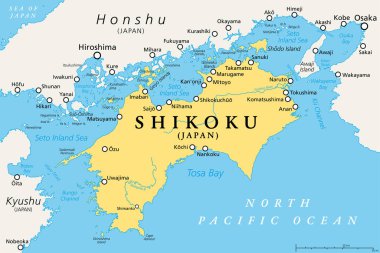 Shikoku, politik harita. Japonya 'nın dört ana adasının en küçük ve bölgesi, Kyushu' nun kuzeydoğusu ve Honshu 'nun güneyi, Seto İç Denizi ile ayrılır. Shikoku bölgesi dört ilden oluşur..