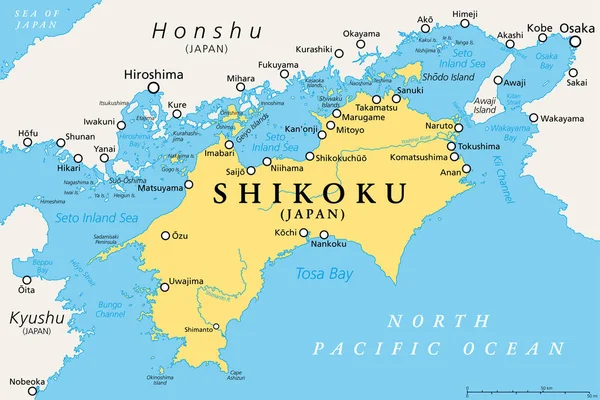 政治地图日本四个主要岛屿中最小的一个 位于九州东北部 本州以南 与西托内陆海相分离 石口县由四个都道府县组成 — 图库矢量图片