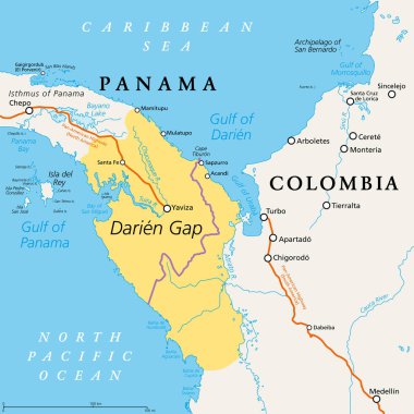 Darien Gap, politik harita. Panama Isthmus bölgesindeki coğrafi bölge, Kuzey ve Güney Amerika 'yı Orta Amerika' ya bağlıyor. Boşluk Pan-Amerikan Otoyolu 'nda bir parçanın yapılmadığı yerde..