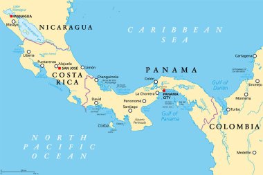 Kosta Rika ve Panama, siyasi harita, Panama Isthmus 'u ve Darien Geçidi. Kuzey ve Güney Amerika 'yı birbirine bağlayan Karayip Denizi ile Pasifik Okyanusu arasındaki bölge ve kara şeridi daralıyor..