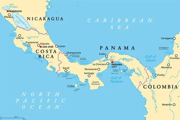 Kostaryka Panama Mapa Polityczna Isthmus Panamy Darien Gap Wąski Pas — Wektor stockowy