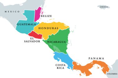 Orta Amerika ülkeleri, renkli politik haritalar. Meksika ve Kolombiya arasında Belize, Guatemala, Honduras, El Salvador, Nikaragua, Kosta Rika ve Panama 'dan oluşan Amerika kıtasının alt bölgeleri..