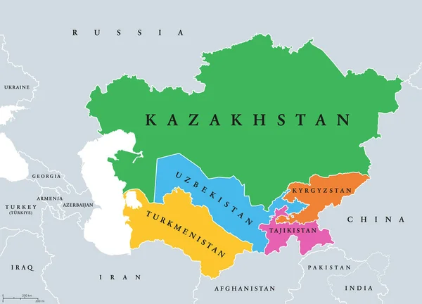 或中亚 彩色政治地图 亚洲区域 从里海到中国西部 从俄罗斯到阿富汗 哈萨克斯坦 吉尔吉斯斯坦 塔吉克斯坦 土库曼斯坦和乌兹别克斯坦 — 图库矢量图片