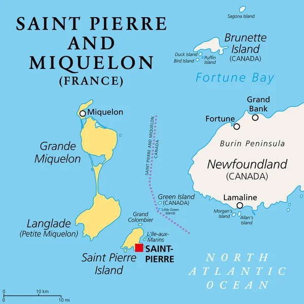 圣皮埃尔和密克隆 政治地图 法国在加拿大纽芬兰和拉布拉多省附近的北大西洋群岛和海外自治领土集合体 — 图库矢量图片
