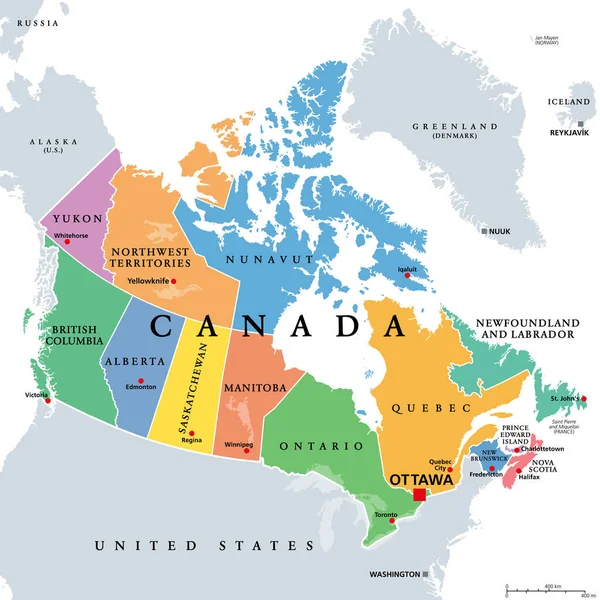 加拿大 行政区划 彩色政治地图 加拿大10个省和3个领土 有边界和首都 北美国家 世界第二大国家 — 图库矢量图片