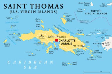 Saint Thomas, Birleşik Devletler Virgin Adaları, politik harita. USVI 'nin en büyük üç adasından biri. Charlotte Amalie 'nin bölge başkenti ve limanı bu adada bulunmaktadır. Vektör.