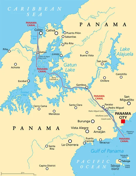 パナマ運河 政治地図 パナマの人工水路 大西洋 カリブ海 と太平洋を結ぶ パナマのイスムスを横断して切断し 船の移動時間を短縮 — ストックベクタ