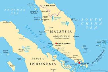 Malacca Boğazı, politik harita. Andaman Denizi ile Güney Çin Denizi 'ni birbirine bağlayan Malezya Yarımadası (Peninsular Malaysia) ile Sumatra (Endonezya) arasında önemli bir nakliye kanalı bulunmaktadır..