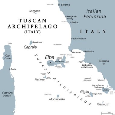 Toskana Takımadası, İtalya, gri politik harita. Ligurian ve Tyrhenian Denizi arasında, Toskana 'nın batısında, Korsika ile İtalyan Yarımadası arasında, Elba ve Montecristo adaları arasında bir ada zinciri..