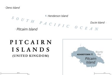 Pitcairn Adaları, Britanya Denizaşırı Toprakları, gri politik harita. Pitcairn, Henderson, Ducie ve Oeno Adaları. Güney Pasifik volkanik ada grubu. Bounty 'de isyan Pitcairn Adası' nda gerçekleşti..