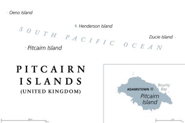 Pitcairn Islands, British Overseas Territory, gray political map. Pitcairn, Henderson, Ducie and Oeno Islands. South Pacific volcanic island group. Mutiny on the Bounty took place on Pitcairn Island. clipart