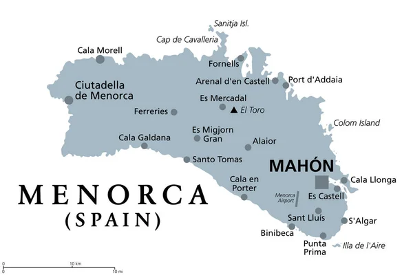 Menorca Minorca Mapa Político Cinzento Com Capital Mahon Port Mahon —  Vetores de Stock