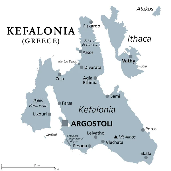 ケファロニア ギリシャの島 灰色の政治地図 セファロニア ケファリニア ケファレニアとも呼ばれる 最大のイオニア海の島 西ギリシャとイオニア海に位置します — ストックベクタ