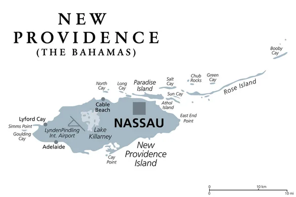 New Providence Island Šedá Politická Mapa Nassau Hlavním Městem Baham — Stockový vektor