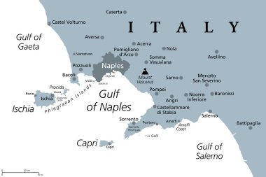 Napoli Körfezi, gri politik harita. İtalya 'nın güneybatı kıyısında yer alan Napoli Körfezi, Tyrhenian Denizi' ne açılıyor. Ischia ve Capri adaları ve Vezüv Dağı ile Campanian volkanik yayı.