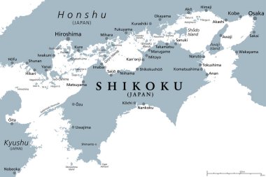 Shikoku, gri politik harita. Japonya 'nın dört ana adasının en küçük ve bölgesi, Kyushu' nun kuzeydoğusu ve Honshu 'nun güneyi, Seto İç Denizi ile ayrılır. Beyazın yerine izole bir illüstrasyon. Vektör