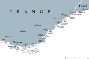 Fransız Rivierası, gri politik harita. Fransa 'nın güneydoğu köşesindeki Akdeniz kıyıları, Cote dAzur ya da Azure Sahili olarak bilinir. Batıdaki Toulon 'dan doğudaki Menton' a kadar genişlemeyi düşünüyor..