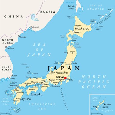 Japonya politik haritası. Honshu, Hokkaido, Kyushu, Shikoku ve Okinawa adaları. Kuzey Pasifik 'teki Doğu Asya adası Japonya ve Okhotsk Denizi, Doğu Çin ve Filipin Denizi ile sınırlıdır..
