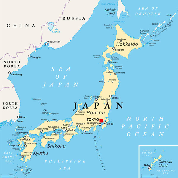 Japan political map. Main islands Honshu, Hokkaido, Kyushu, Shikoku and Okinawa. East Asian island country in the North Pacific bordered by Sea of Japan and Okhotsk, and East China and Philippine Sea.