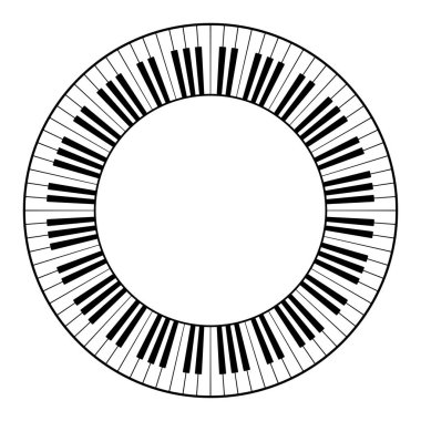 12 oktavlı müzikal klavye, daire şeklinde. Dekoratif sınır, on iki oktavdan inşa edilmiş, siyah beyaz piyano klavyesi tuşları, kusursuz ve tekrarlanmış motif şeklinde. Vektör.