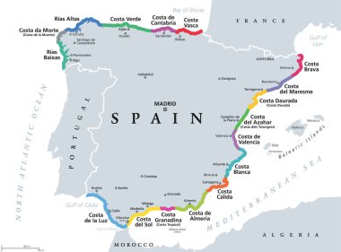 İspanya, İspanya Riviera sahilleri, politik haritalar. İspanya 'nın İber Yarımadası' nda Costa Blanca ya da Costa del Sol gibi 17 ünlü plajın turistik isimleri bulunmaktadır..