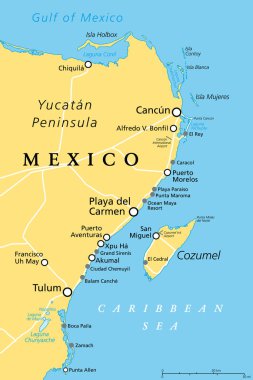 Cancun, Cozumel ve Riviera Maya, Meksika, politik harita. Cancun, Yucatan Yarımadası kıyısında, Riviera Maya 'nın kuzeyinde, Playa del Carmen' in doğusunda Cozumel ile birlikte bir Karayip tatil beldesi..
