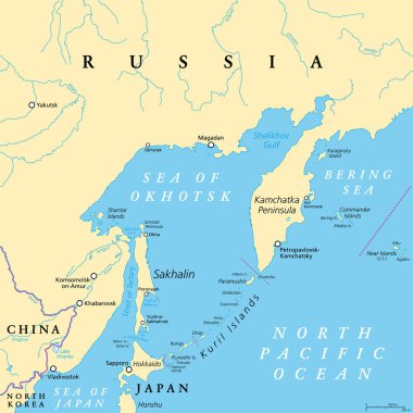 Okhotsk Denizi, politik harita. Kuzey Pasifik Okyanusu 'nun marjinal denizi, Kamçatka Yarımadası, Kuril Adaları, Hokkaido, Sakhalin ve Sibirya' nın doğu kıyıları arasında yer alır..
