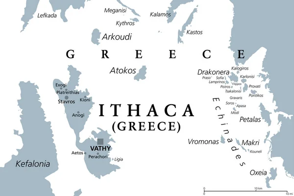 Ітака Острів Регіональна Одиниця Греції Сіра Політична Карта Частина Іонічних — стоковий вектор