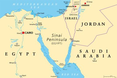 Sina Yarımadası bölgesi, politik harita. Mısır 'da bir yarımada, Akdeniz ile Kızıl Deniz arasında, Asya ve Afrika arasında bir kara köprüsü. İsrail, Ürdün ve Suudi Arabistan 'ın bir kısmıyla.