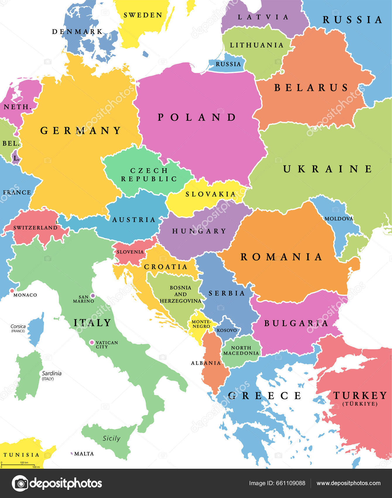Centraleuropa Färgade Länder Politisk Karta Med Nationsgränser Och Engelska  Namn vektor av ©Furian 661109088