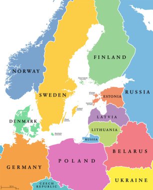 Baltık Denizi bölgesi, renkli ülkeler, siyasi harita, ulusal sınırlar ve İngilizce isimler. Avrupa 'yı çevreleyen ülkelerle Baltık Denizi kıyısı boyunca uzanan ülkeler. İzole illüstrasyon.