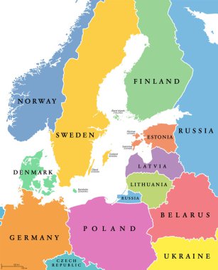 Baltic Sea area, colored countries, political map, with national borders and English names. Countries along the coast of the Baltic Sea, with surrounding countries in Europe. Isolated illustration. clipart