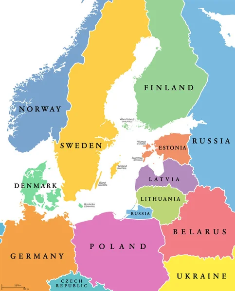 Oblast Baltského Moře Barevné Země Politická Mapa Národními Hranicemi Anglickými — Stockový vektor