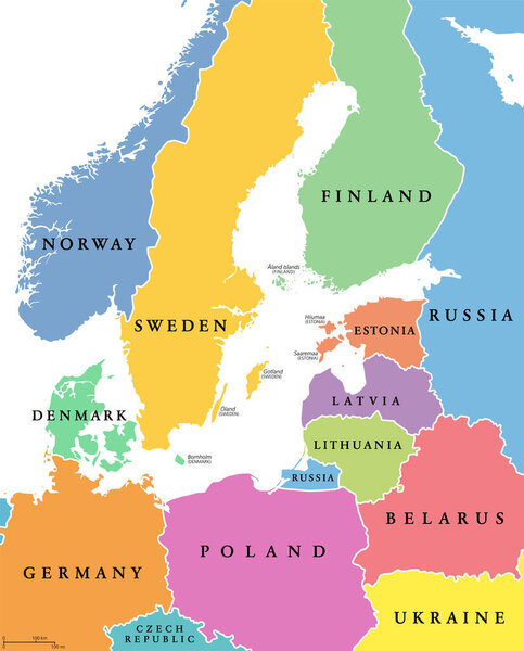 Baltic Sea area, colored countries, political map, with national borders and English names. Countries along the coast of the Baltic Sea, with surrounding countries in Europe. Isolated illustration.