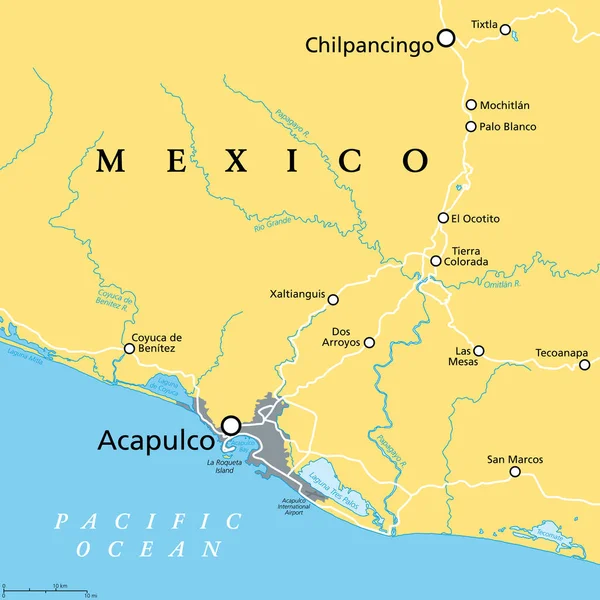 アカプルコとその周辺 政治地図 アカプルコ フアレス メキシコの太平洋岸にゲレロの状態で呼び出しの都市と主要な港 人気の観光地とクルーズ船の寄港地 — ストックベクタ