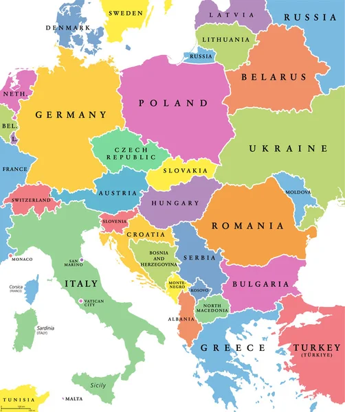 有色人种国家 政治地图 有国界和英文名称 西欧和东欧之间基于共同地理 社会和文化特征的地区 — 图库矢量图片