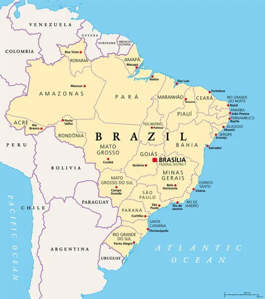 Brazil Államok Politikai Térkép Federatív Egységek Határokkal Fővárosokkal Bizonyos Fokú — Stock Vector