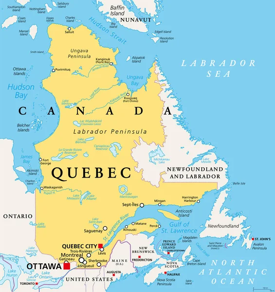 魁北克 加拿大东部最大的省份 政治地图 最大的省份 位于加拿大中部 首都魁北克市和最大的蒙特利尔市 沿着圣劳伦斯河 — 图库矢量图片