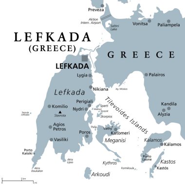 Lefkada, bölge birimi, gri politik harita. Yunanistan 'daki İyon Adaları' nın bir kısmı, Lefkas, Leukas veya Leucadia olarak da bilinir. Tilevoides Adaları Meganisi, Kalamos, Kastos, Skorpios ve küçük adacıklarla.