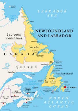 Newfoundland ve Labrador, politik harita. Kanada 'nın Atlantik bölgesinde, başkenti St. Johns ile. Newfoundland Adası ve Quebec ile Atlantik arasındaki Labrador kıtasal bölgesi.