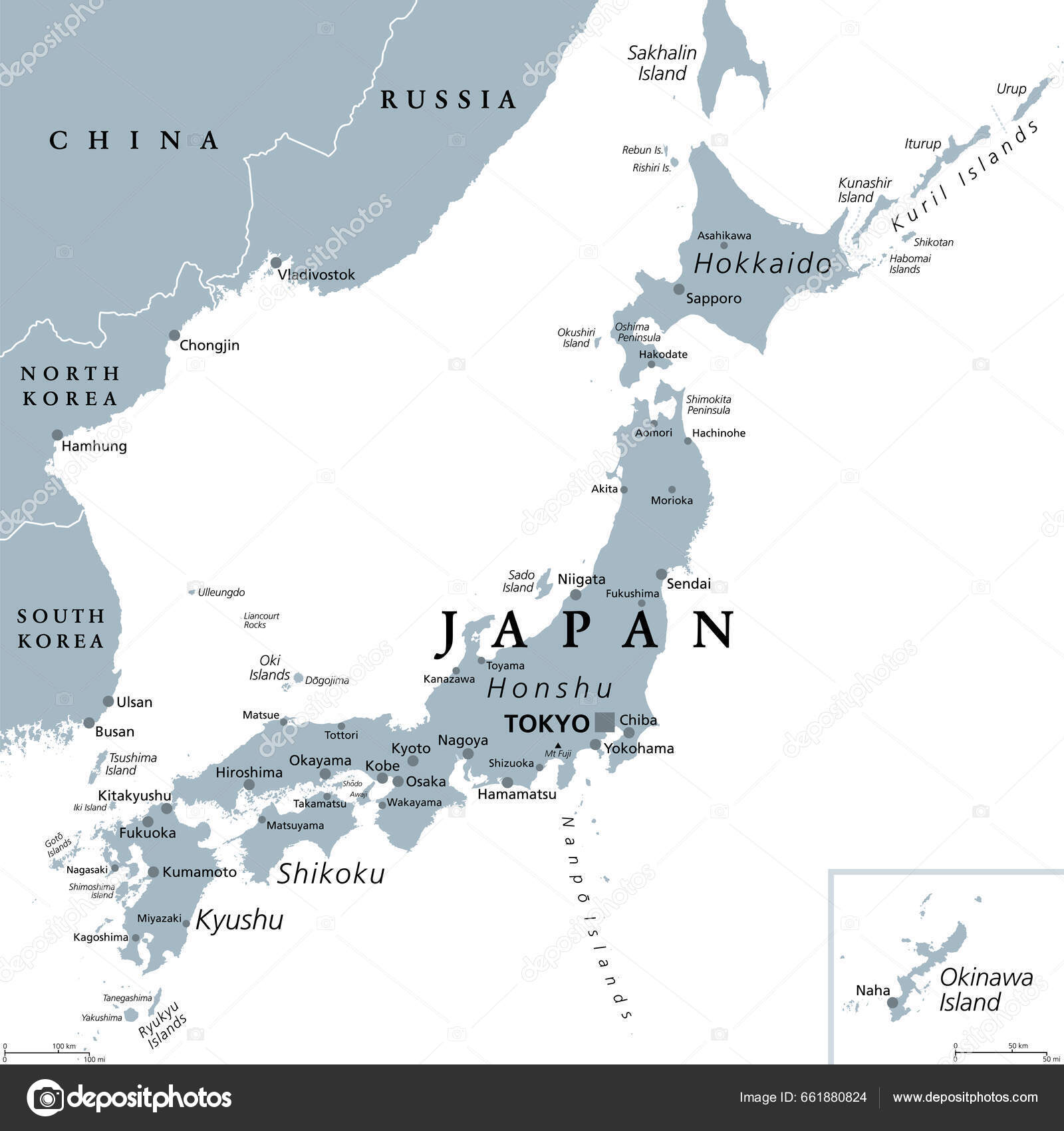 灰色の政治地図 北海道 沖縄の主要島 北太平洋の東アジア島嶼国 灰色の政治地図 北海道 沖縄の主要島 北太平洋の東アジア島嶼国