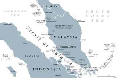 Malacca Boğazı, gri politik harita. Andaman ve Güney Çin Denizi 'ni birbirine bağlayan Malezya Yarımadası (Peninsular Malaysia) ile Sumatra (Endonezya) arasında önemli bir nakliye kanalı vardır..